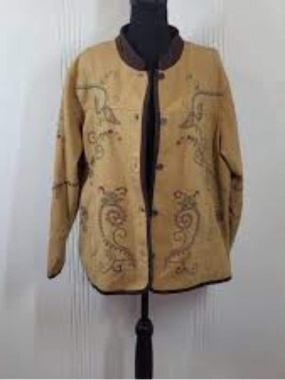 Denim & Co. Embroidered Tan Jacket with Brown Trim - Picture 2 of 13